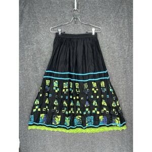 Choices Petite Midi Skirt Size PS Cotton Black Green Geometric Wearable Art